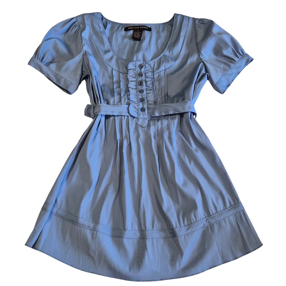 Antilia Femme Blue Pleated Ruffle Babydoll Tunic Top Short Sleeve Size M